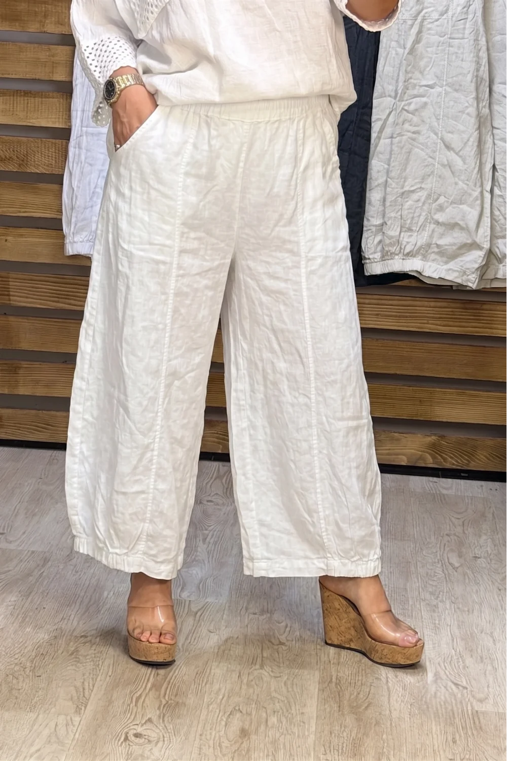 İtalyan Tasarım Ham Keten Şalvar Model Pantolon Beyaz