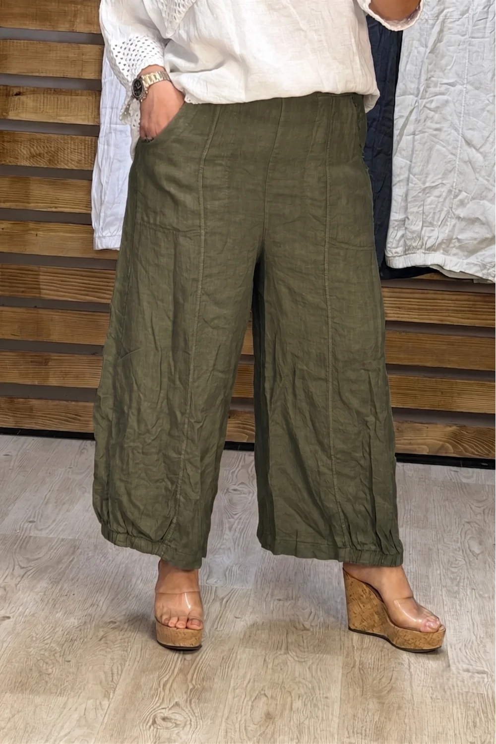İtalyan Tasarım Ham Keten Şalvar Model Pantolon Haki