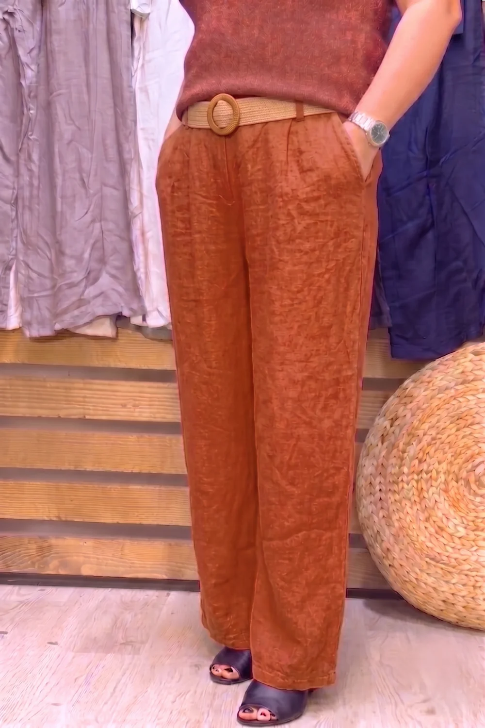 İtalyan Tasarım Hasır Kemer Detaylı Keten Pantolon Camel