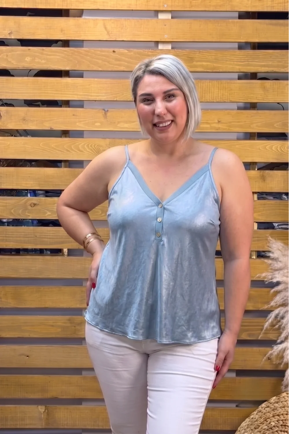 İtalyan Tasarım İpek Saten Askılı Bluz Mavi