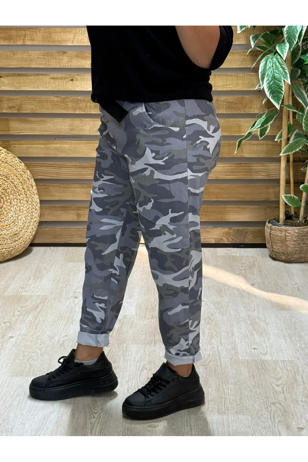 İtalyan Tasarım Kamuflaj Desen Boyfriend Model Pantolon Gri