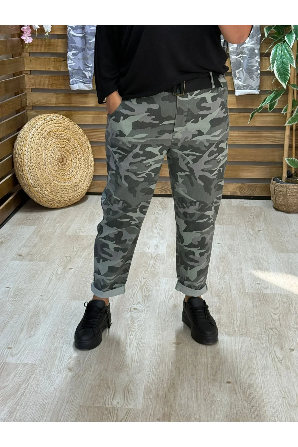 İtalyan Tasarım Kamuflaj Desen Boyfriend Model Pantolon Haki