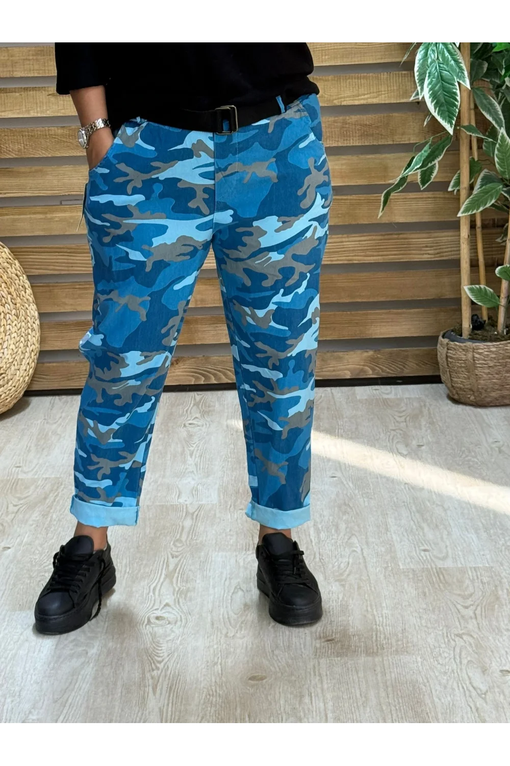 İtalyan Tasarım Kamuflaj Desen Boyfriend Model Pantolon Türk Mavi