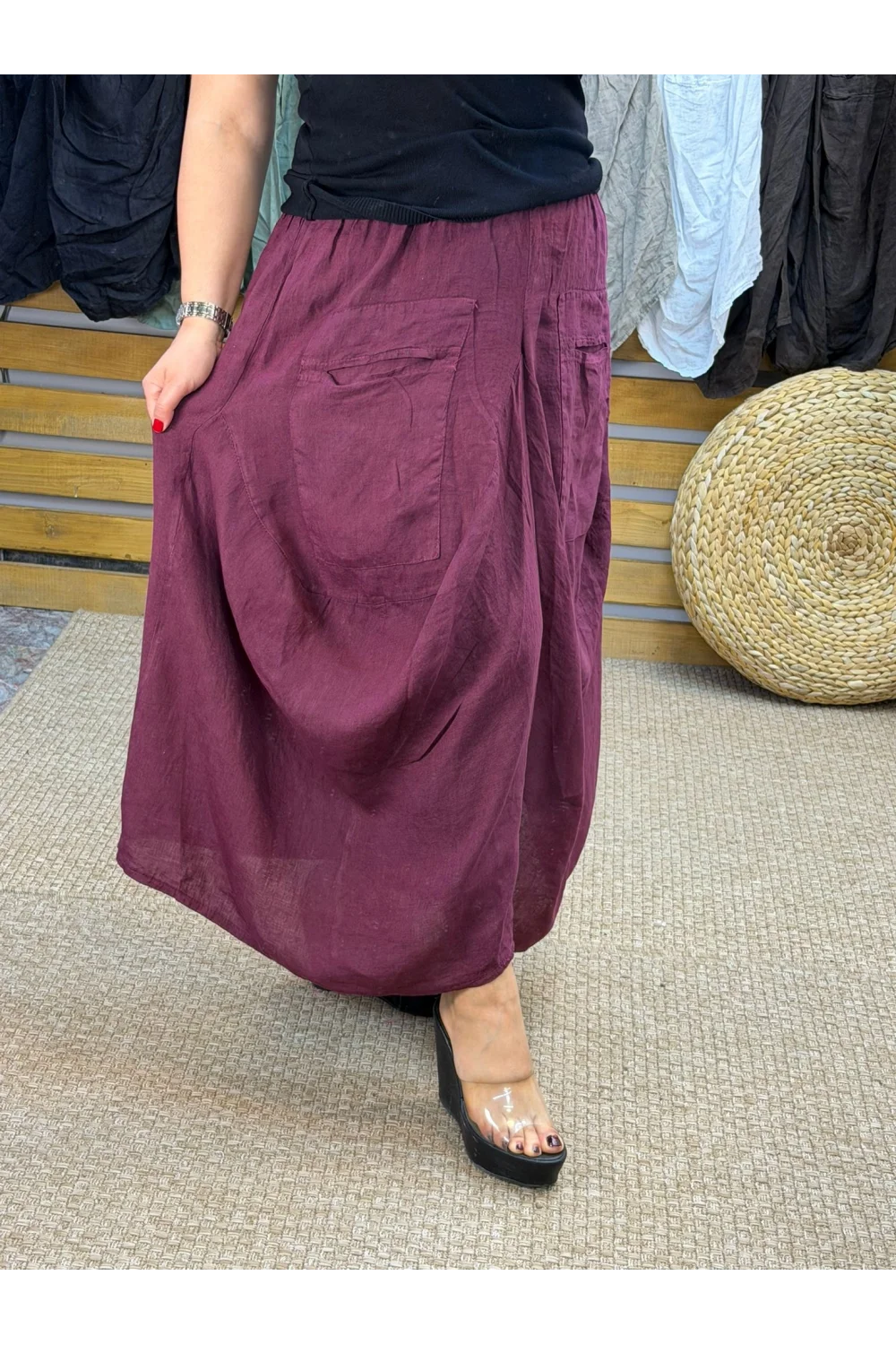 İtalyan Tasarım Keten Şalvar Model Pantolon Bordo