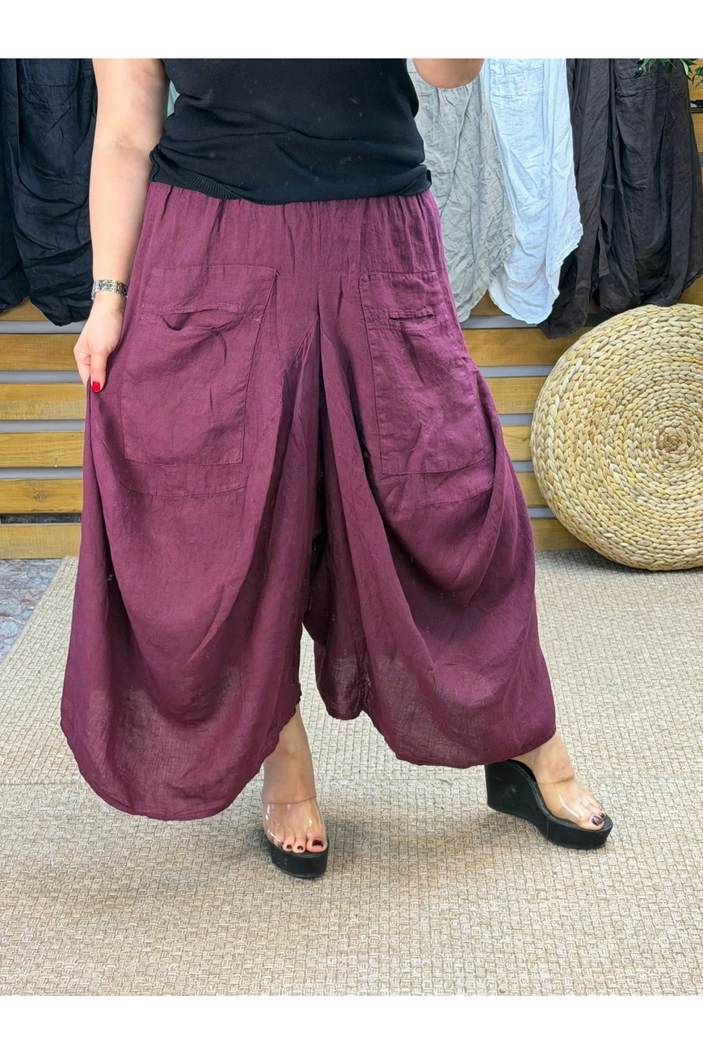 İtalyan Tasarım Keten Şalvar Model Pantolon Bordo