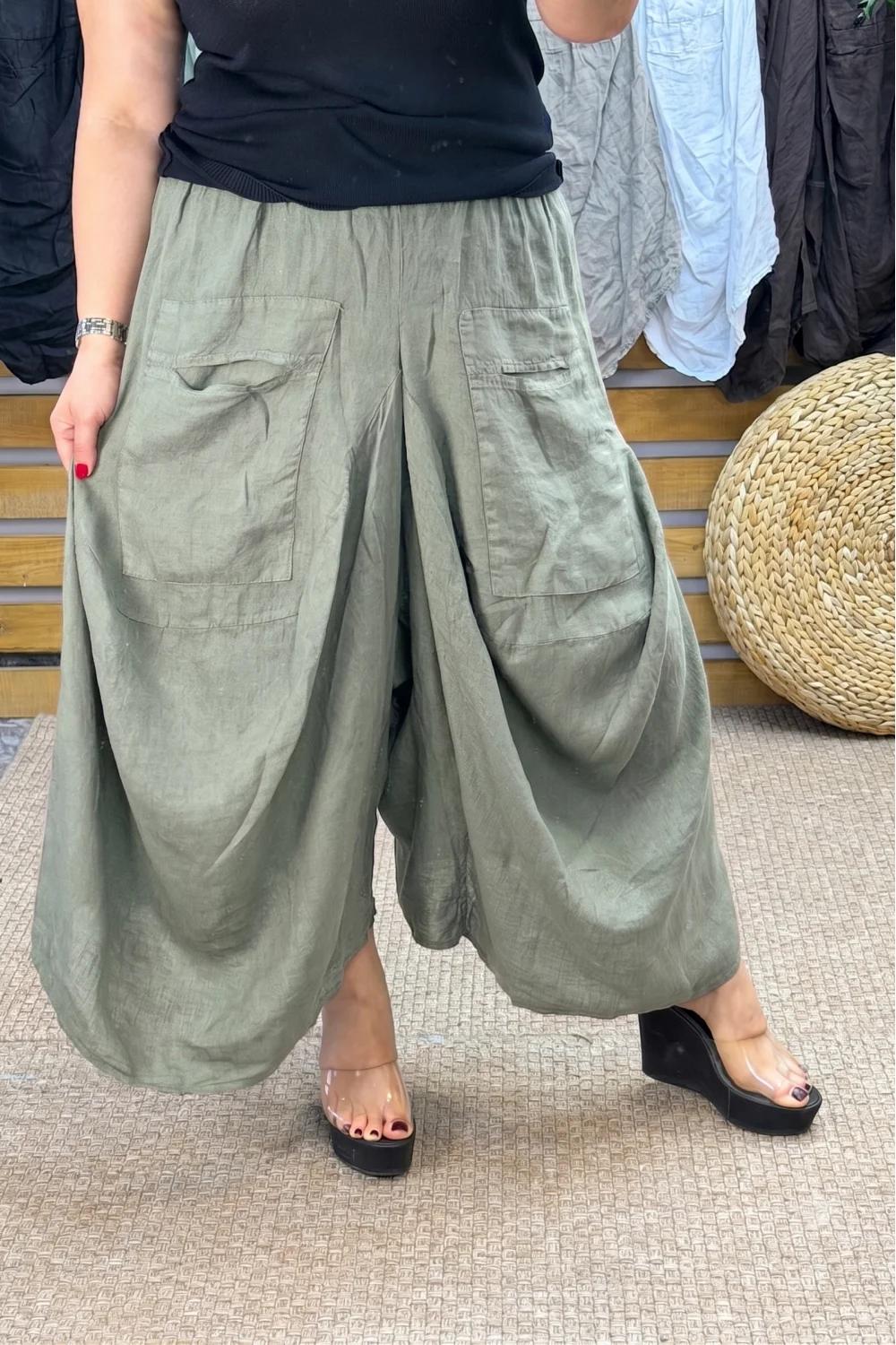 İtalyan Tasarım Keten Şalvar Model Pantolon Haki