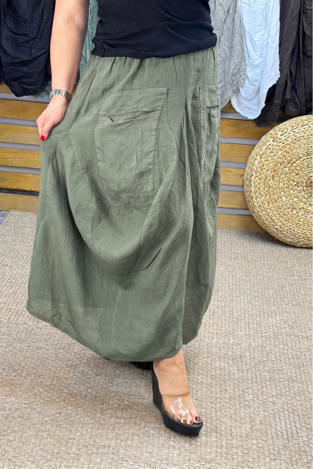 İtalyan Tasarım Keten Şalvar Model Pantolon Haki