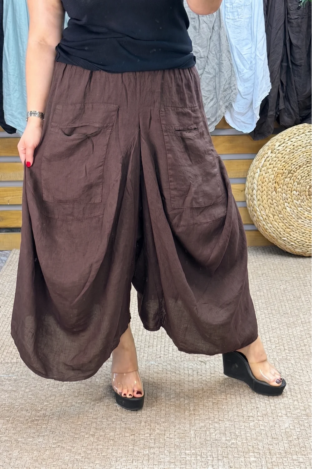 İtalyan Tasarım Keten Şalvar Model Pantolon Kahve