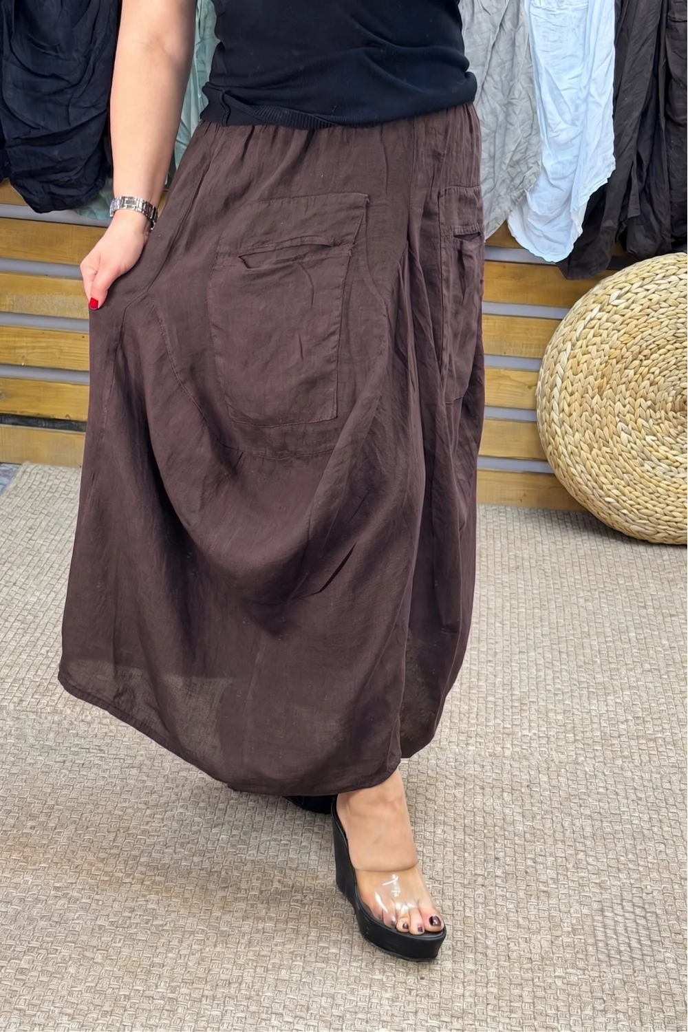 İtalyan Tasarım Keten Şalvar Model Pantolon Kahve