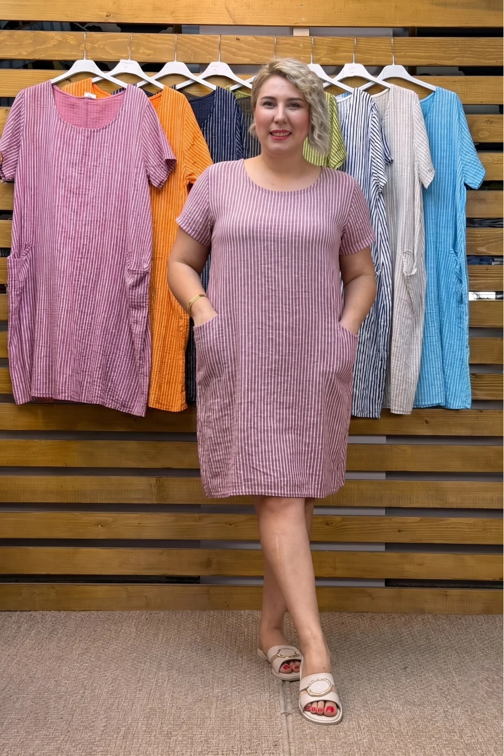 İtalyan Tasarım Marin Desen Pamuk Keten Elbise Pembe