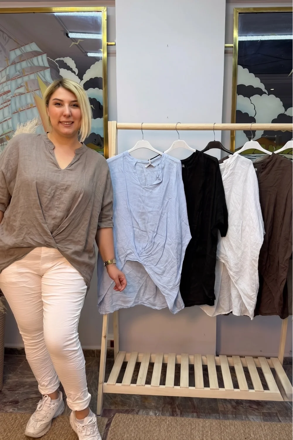 İtalyan Tasarım Önü Detaylı Ham Keten Bluz Vizon