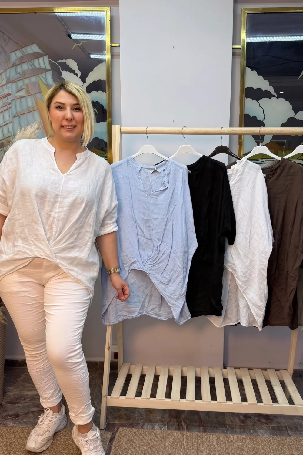 İtalyan Tasarım Önü Detaylı Ham Keten Bluz Beyaz