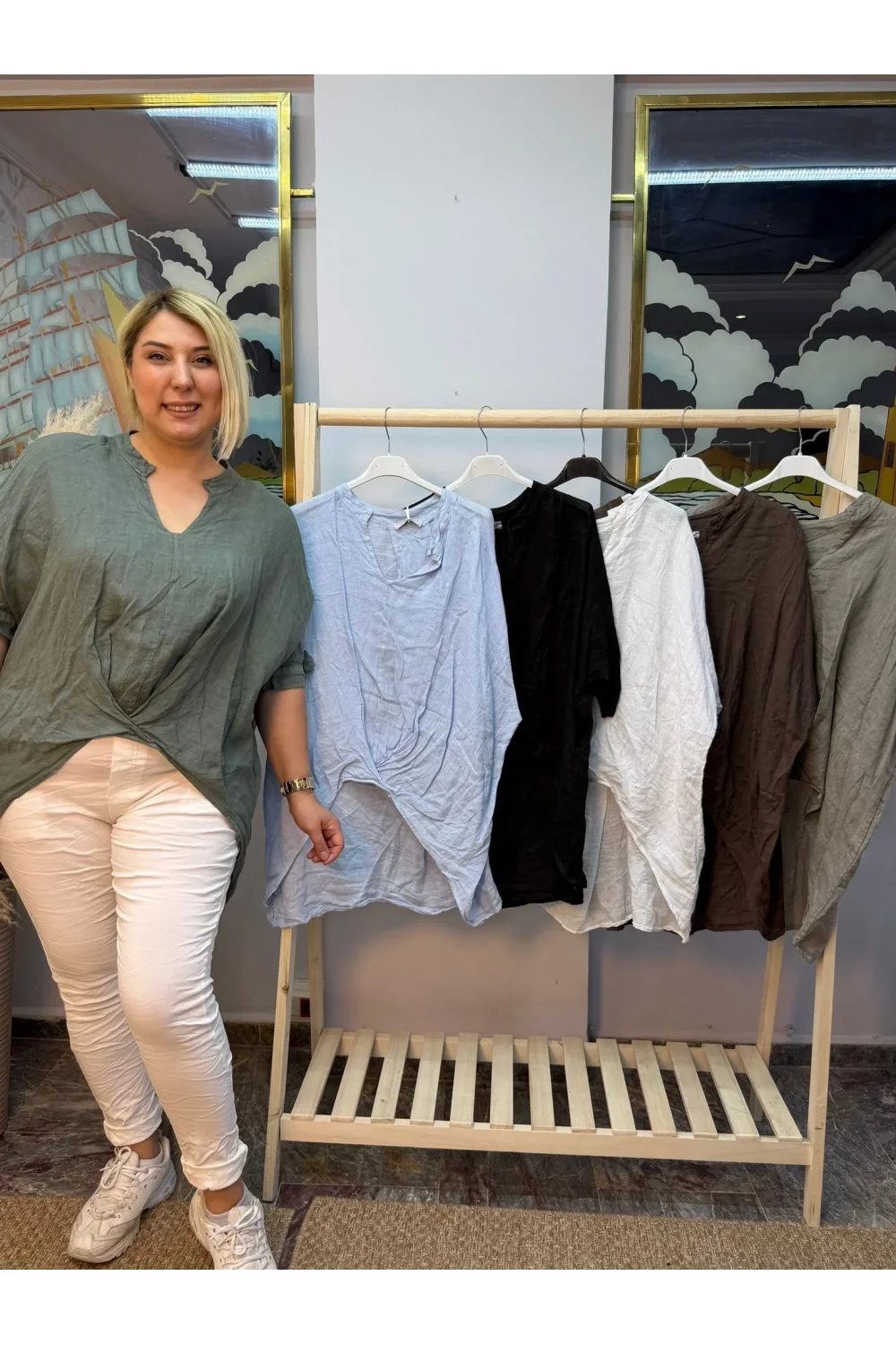 İtalyan Tasarım Önü Detaylı Ham Keten Bluz Haki