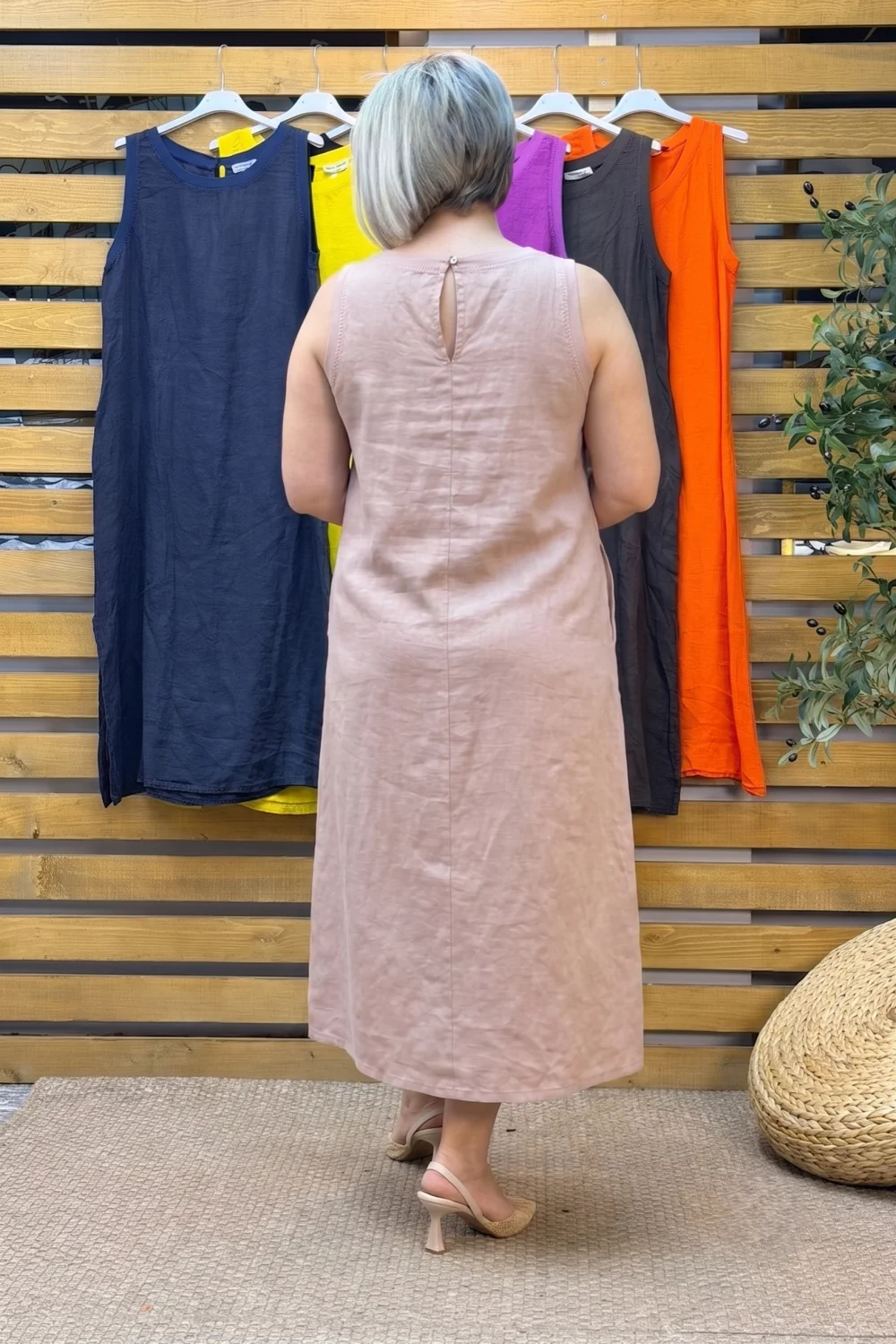 İtalyan Tasarım Ribanalı Keten Elbise Toz Pembe