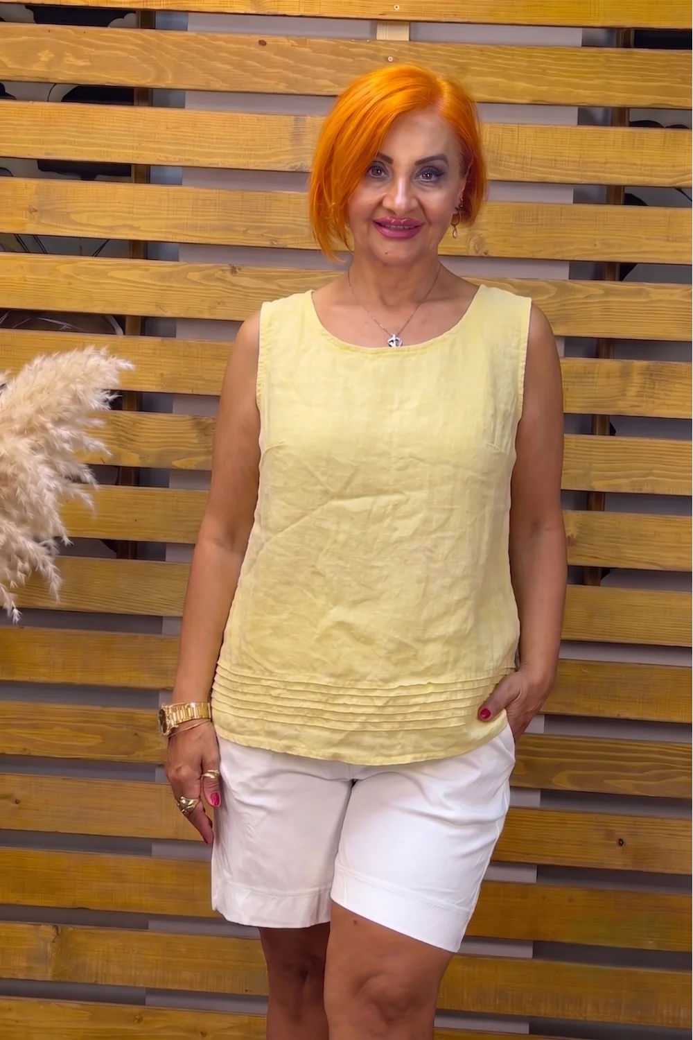 İtalyan Tasarım Sıfır Kol Keten Bluz Sarı