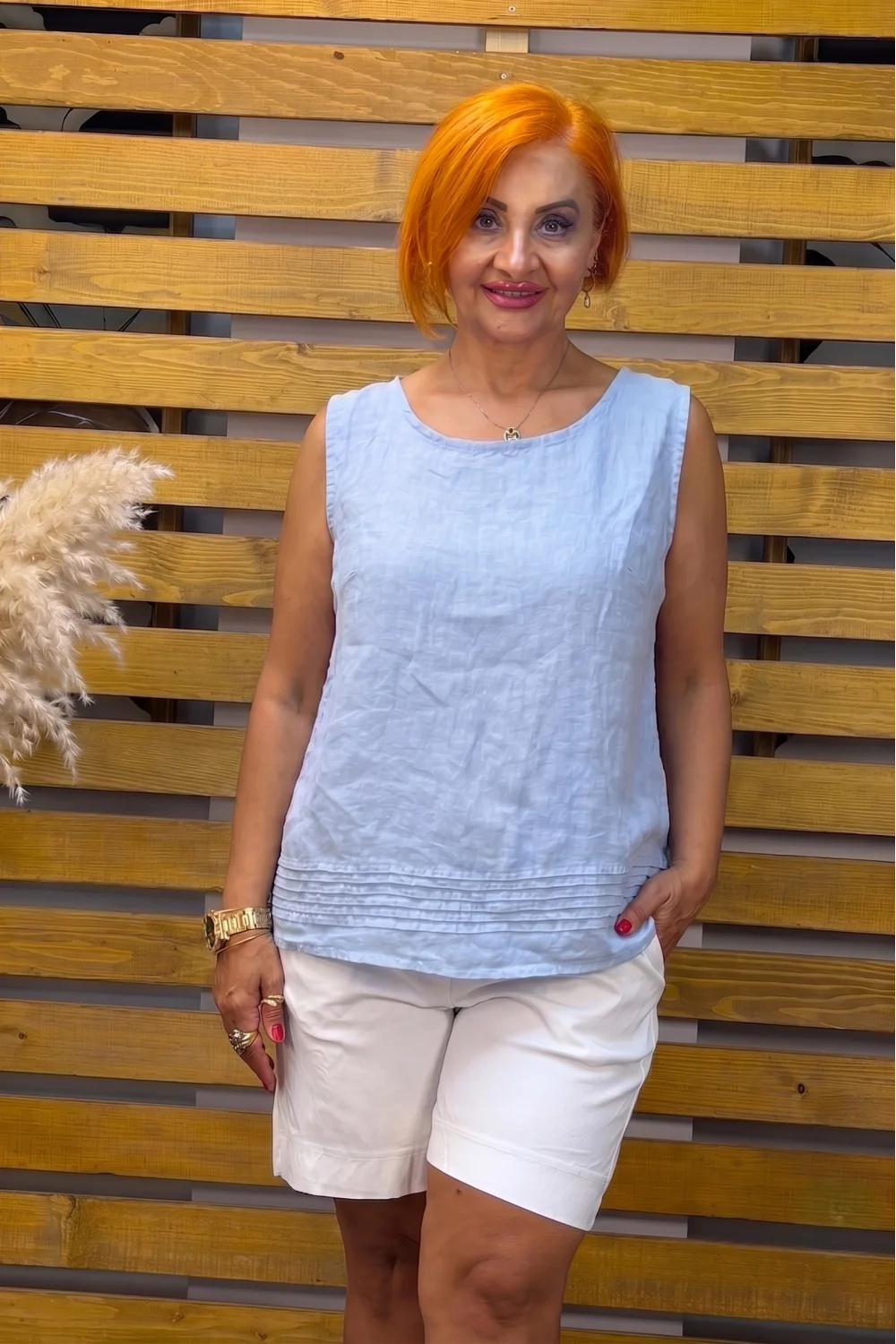İtalyan Tasarım Sıfır Kol Keten Bluz Bebe Mavisi