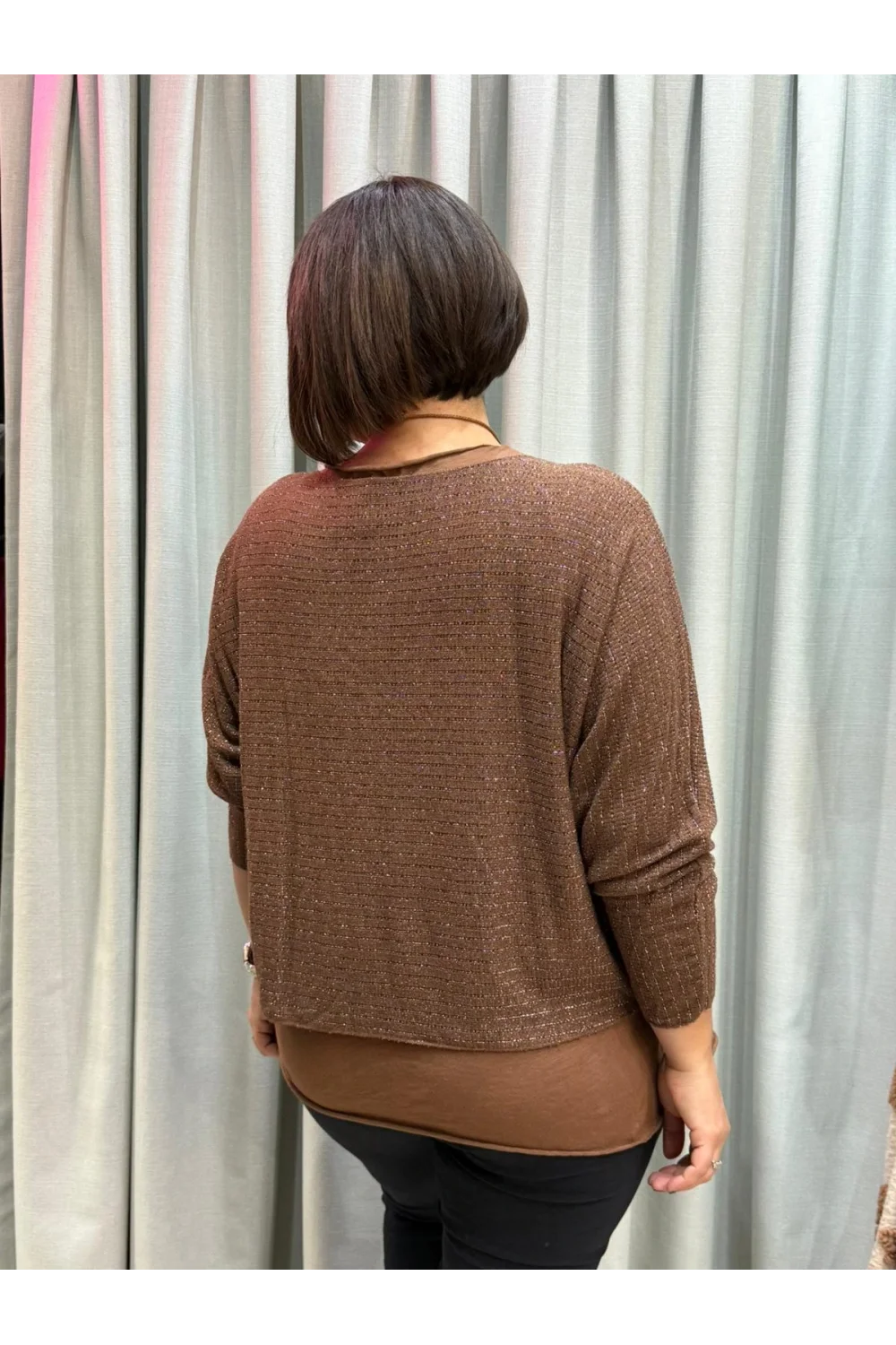 İtalyan Tasarım Simli Düz Desen Atletli ve Kolye Hediyeli Bluz Camel