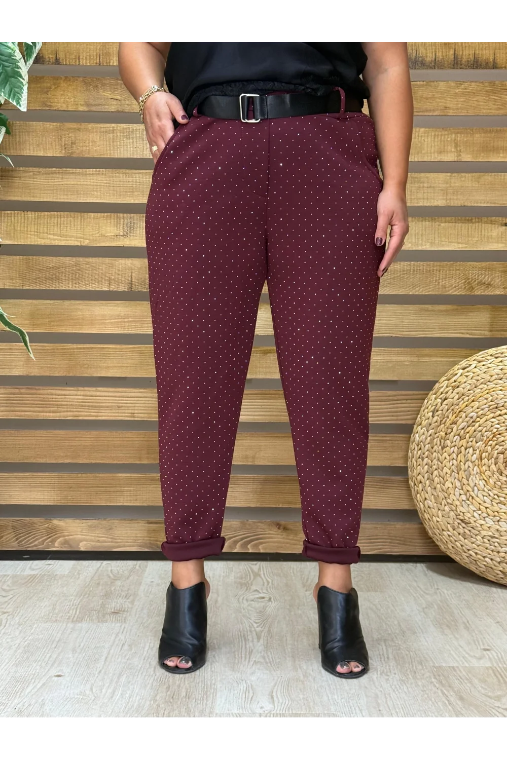 İtalyan Tasarım Taş İşlemeli Işıltı Pantolon Bordo