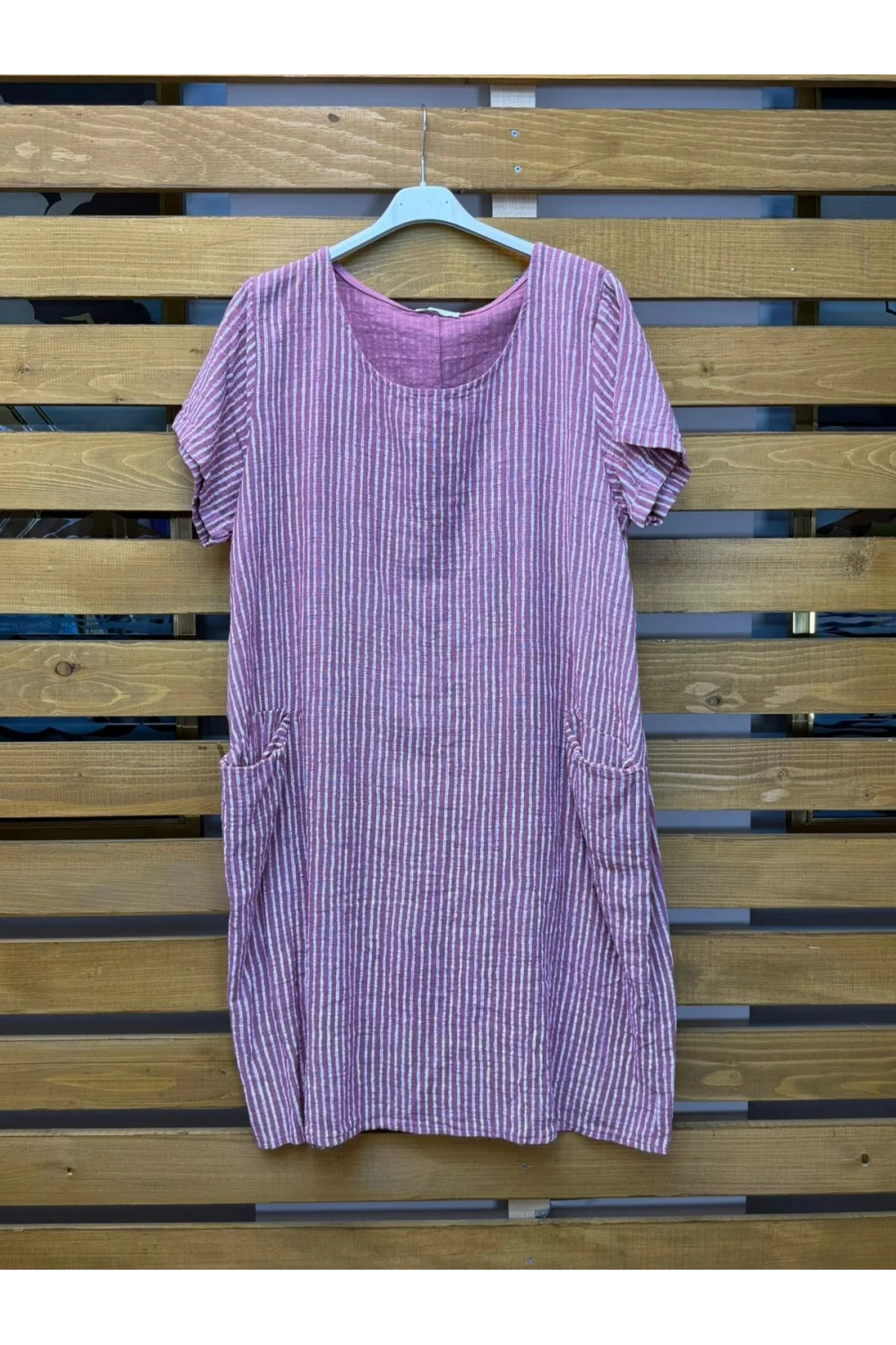 İtalyan Torba Cepli Çizgili Elbise Pembe