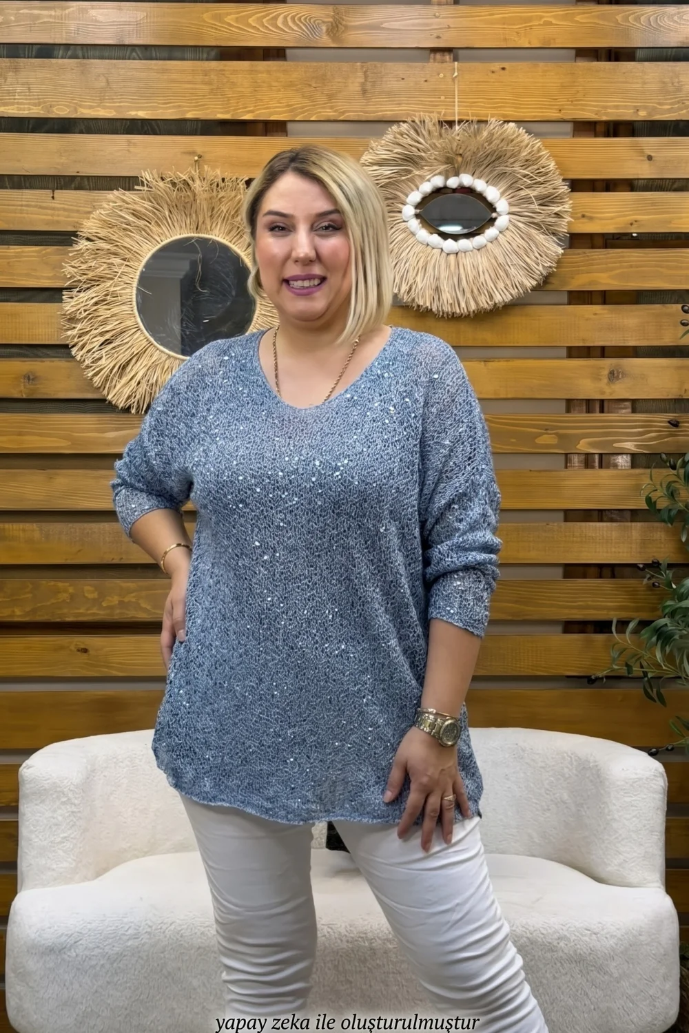 Kadın Pul Detaylı V Yaka Örme Yün Triko Bluz İndigo