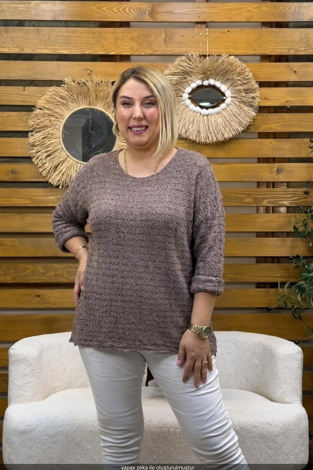 Kadın Pul Detaylı V Yaka Örme Yün Triko Bluz Kahve