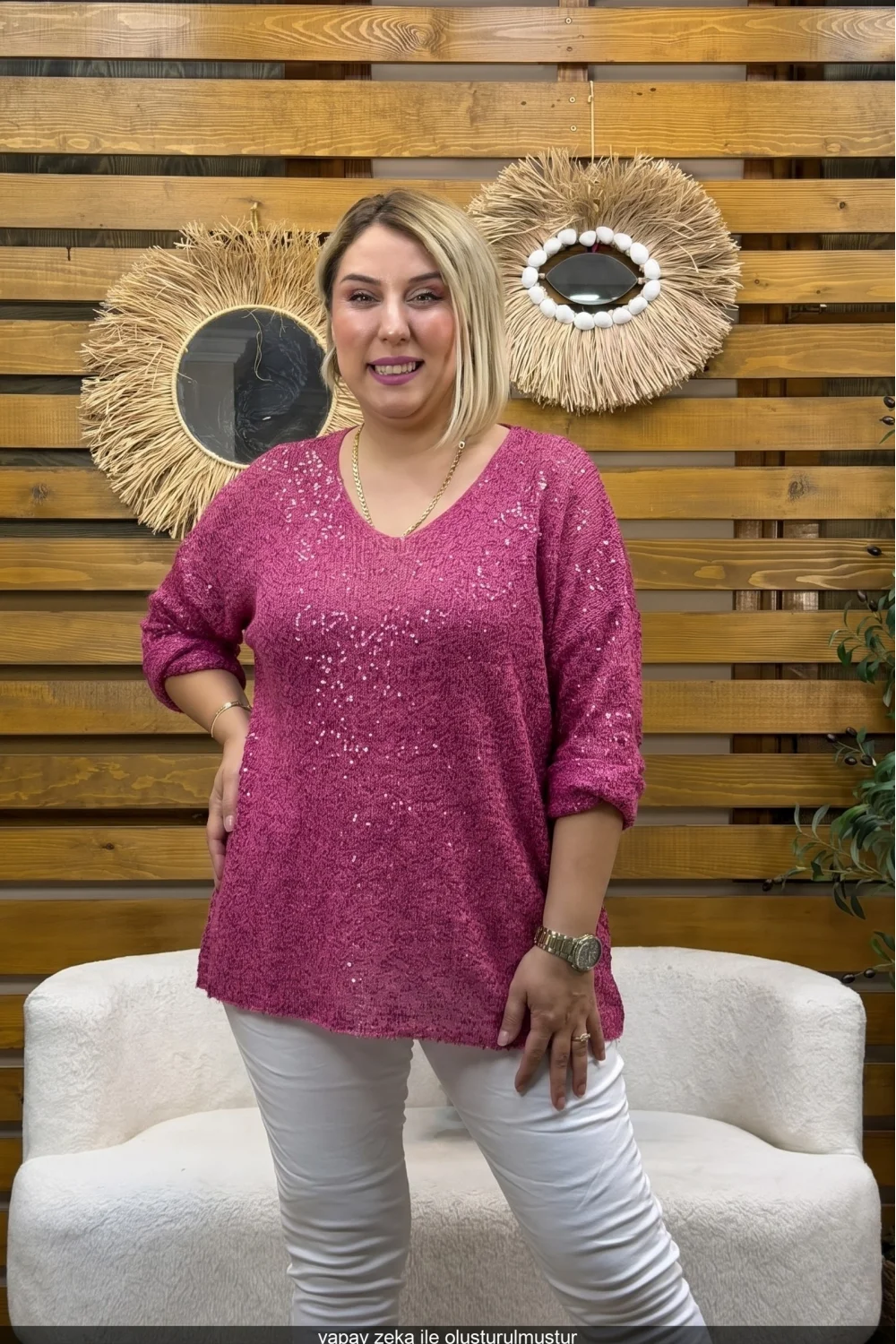 Kadın Pul Detaylı V Yaka Örme Yün Triko Bluz Şarabi