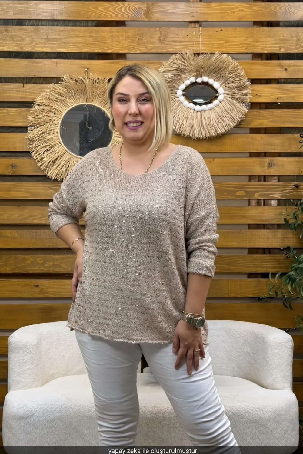 Kadın Pul Detaylı V Yaka Örme Yün Triko Bluz Keten Rengi