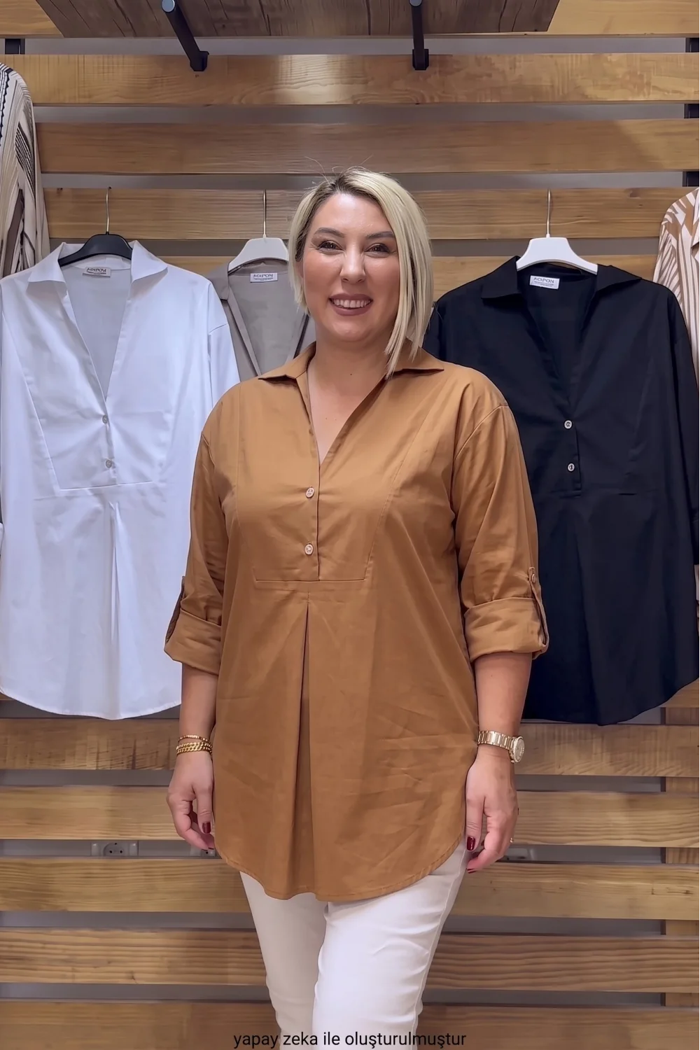 Tasarım İthal Kumaş Patlı Poplin Tunik Gömlek Camel