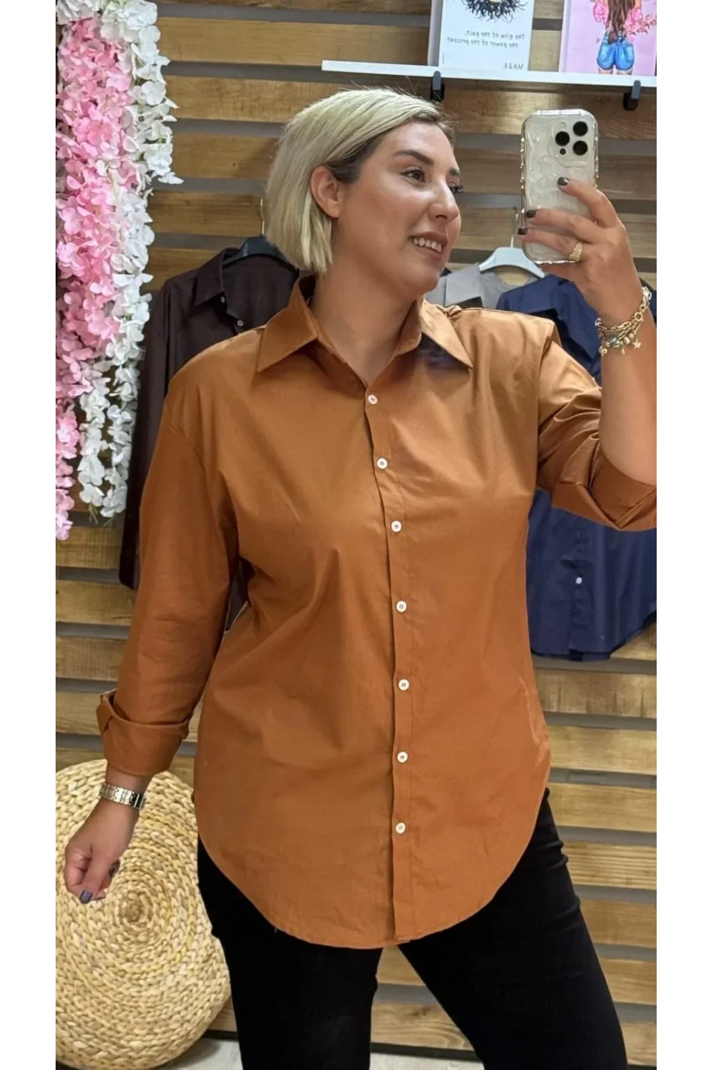 Tasarım Poplin Kumaş Klasik Gömlek Camel