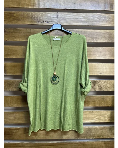 İtalyan Tasarım Yuvarlak Yaka Hamur Triko Bluz Yağ Yeşil