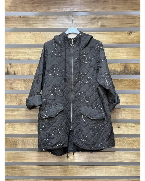 İtalyan Tasarım İşlemeli Kapüşonlu Mont Kahverengi