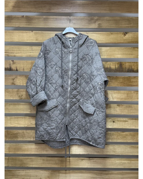 İtalyan Tasarım İşlemeli Kapüşonlu Mont Vizon