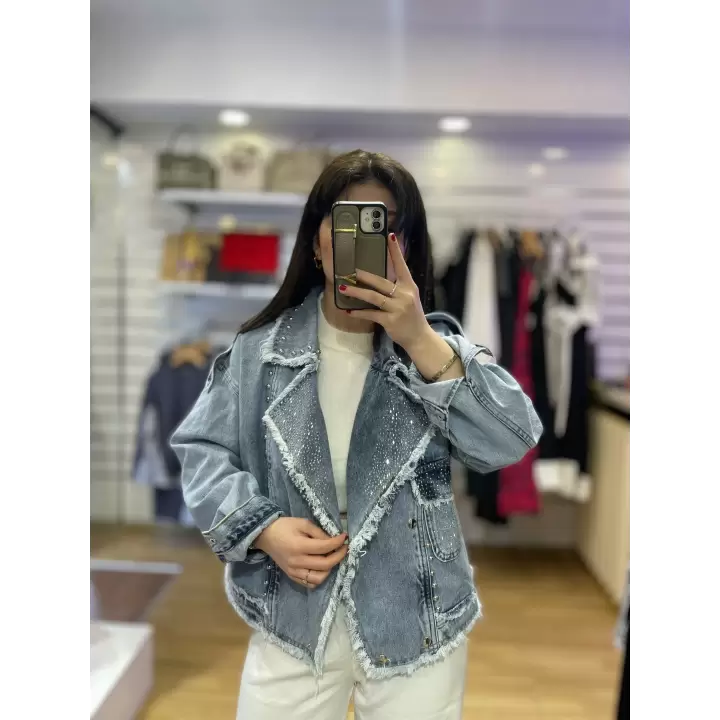 Tasarım taş detaylı denim ceket