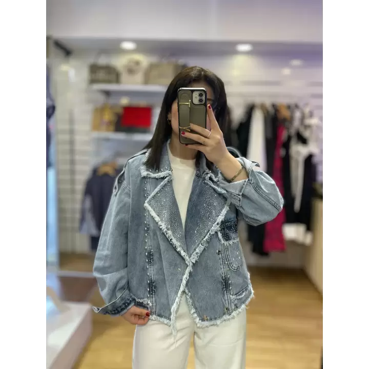 Tasarım taş detaylı denim ceket