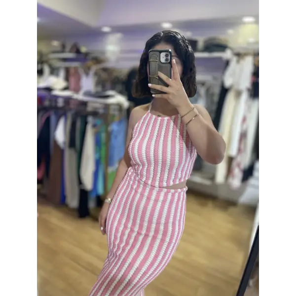 Ajurlu pembe çizgili triko takım