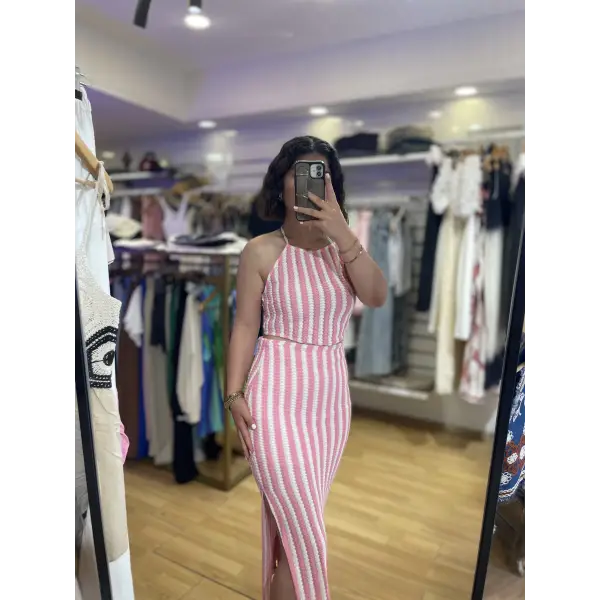 Ajurlu pembe çizgili triko takım