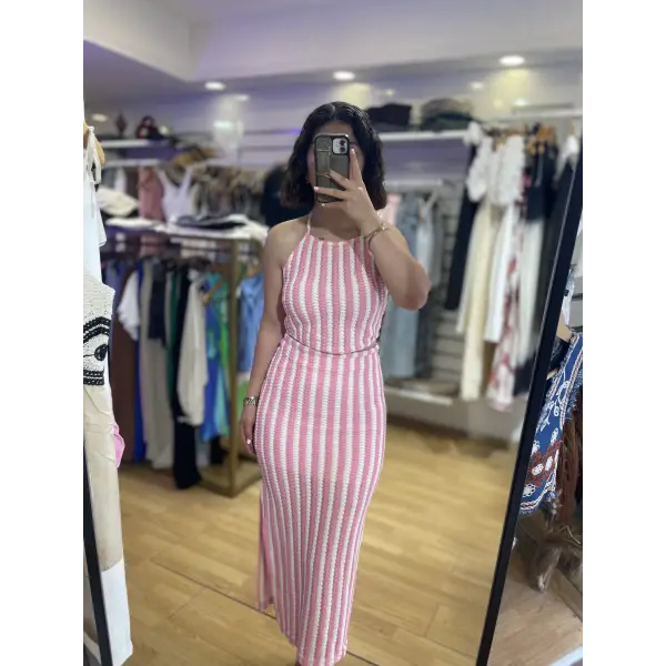 Ajurlu pembe çizgili triko takım