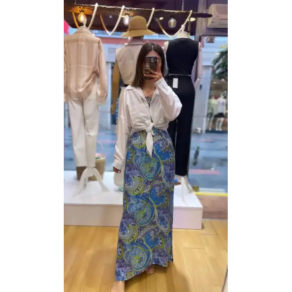 Desenli İp Askılı Uzun Elbise