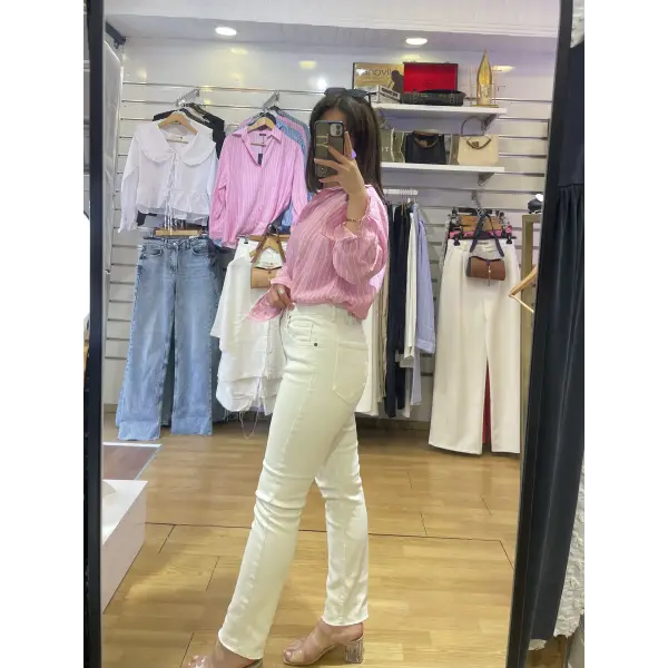 Ekru flare kesim yüksek bel likralı jean