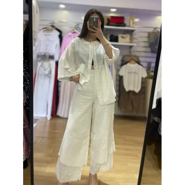 Ekru keten gömlekli kesik paça takım