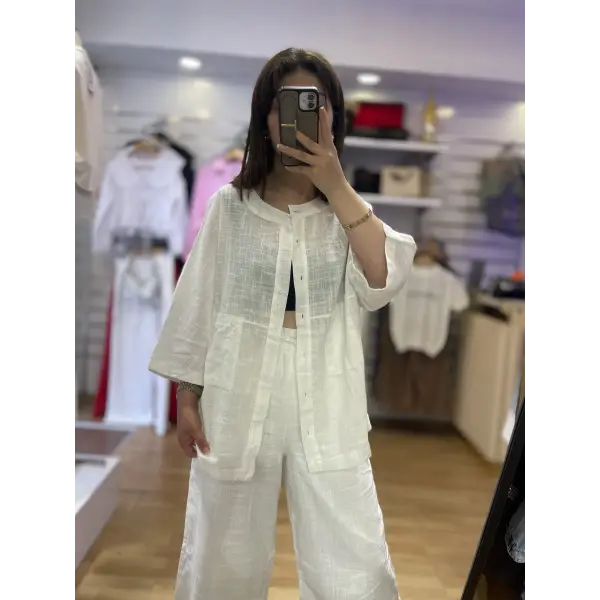 Ekru keten gömlekli kesik paça takım