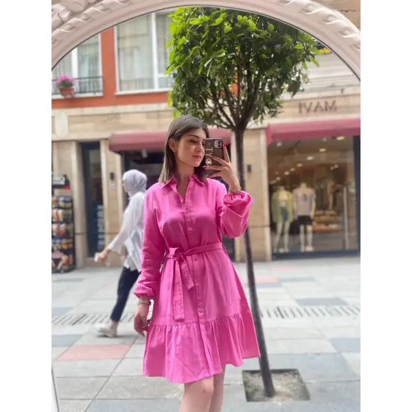 Fuşya Keten Kuşaklı Yazlık Elbise