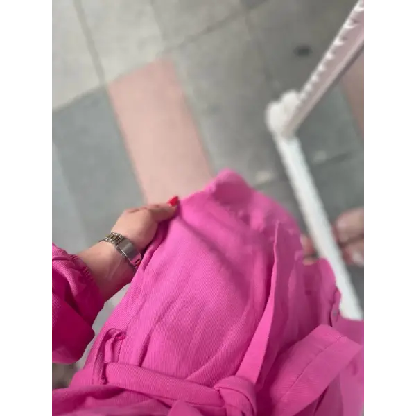 Fuşya Keten Kuşaklı Yazlık Elbise
