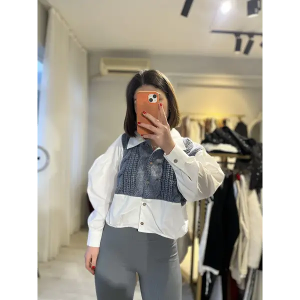 İndigo triko detaylı tasarım gömlek