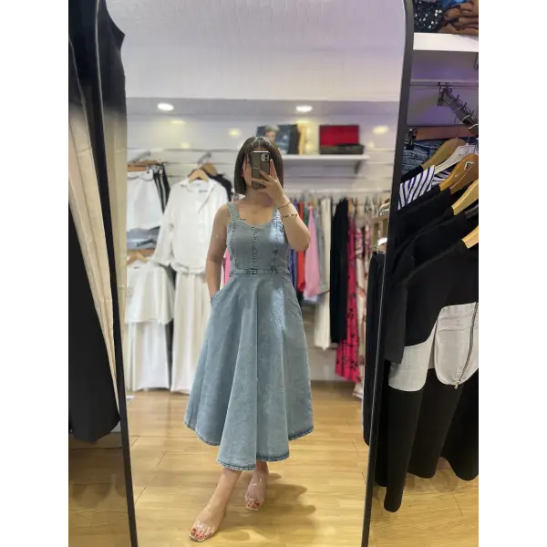 Kalp yaka midi boy denim elbise