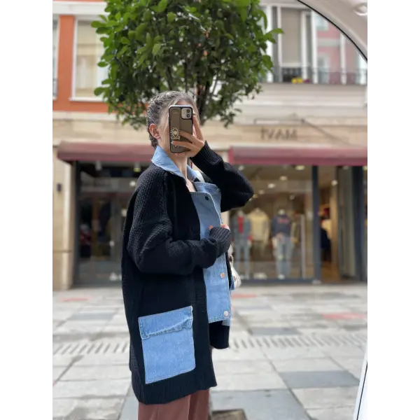 Marka Model Denim Detaylı Siyah Hırka
