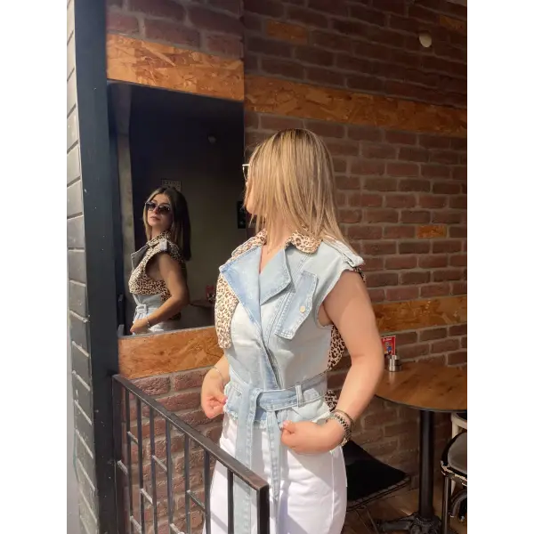 Marka Model Leopar Desenli Denim Yelek