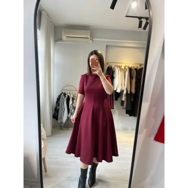 Midi boy tok kumaş volanlı bordo elbise