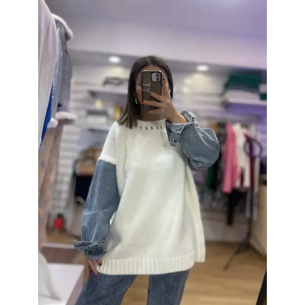 Premıum Tasarım Denim Detaylı Kazak