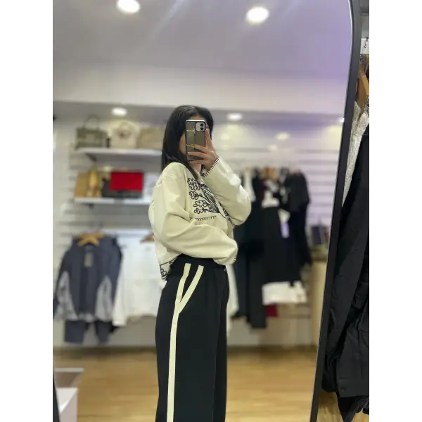 Şerit detaylı siyah palazzo pantolon